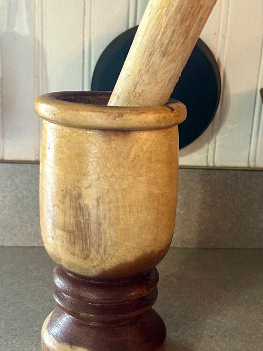Hand-Finished Wooden Mortar and Pestle in Natural Brown